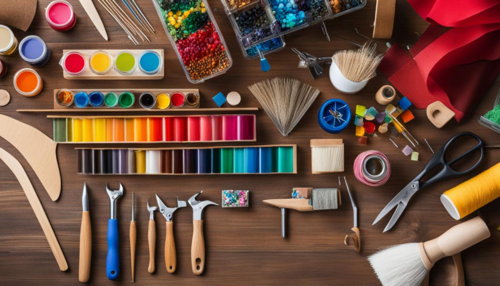 A collection of vibrant and colorful DIY supplies and tools on a wooden table