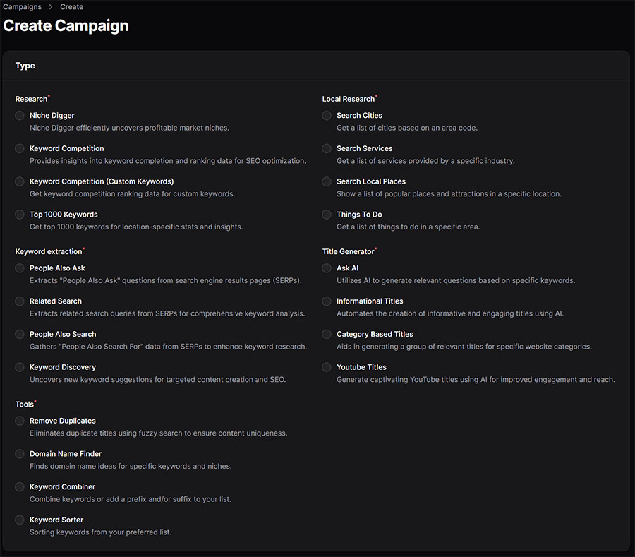 Kwestify Campaign - options for keyword research and other tools